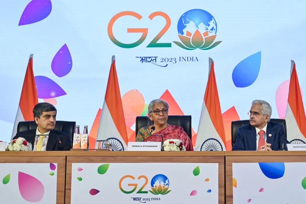 India's Finance Minister Nirmala Sitaraman (centre) addresses a press conference along with the Governor of Reserve Bank of India, Shaktikanta Das (right) and Secretary, Department of Economic Affairs, Ministry of Finance Ajay Seth (left) after the G20 Finance meetings under India's G20 Presidency in Bengaluru on February 25, 2023. Photo: Manjunath Kiran/AFP.